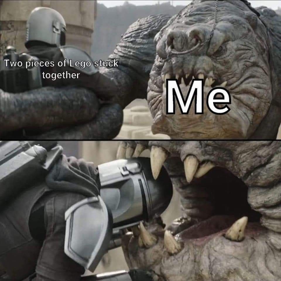 The meme is a play on the popular "I see you" meme format, where a character from a movie or TV show is shown looking directly at the viewer, but in this case, it's a character from the Star Wars franchise, specifically a Wookiee, looking at a person who has just been caught with their pants down (or in this case, with a pair of pants on, but with a hole or tear in them, implying they are "undressed" in some way).  The text on the image reads "I see you" and "Two pieces of Lego stuck together".